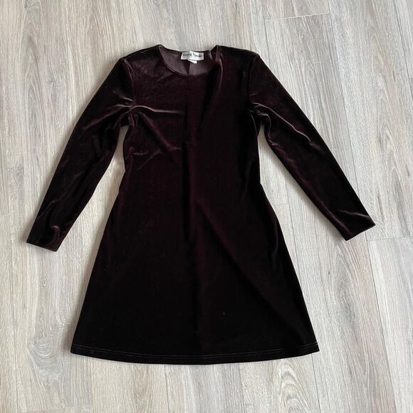 Chocolate Brown Velvet Mini Dress Women's 6P Holiday Minimalist Vintage 90's - Picture 2 of 6